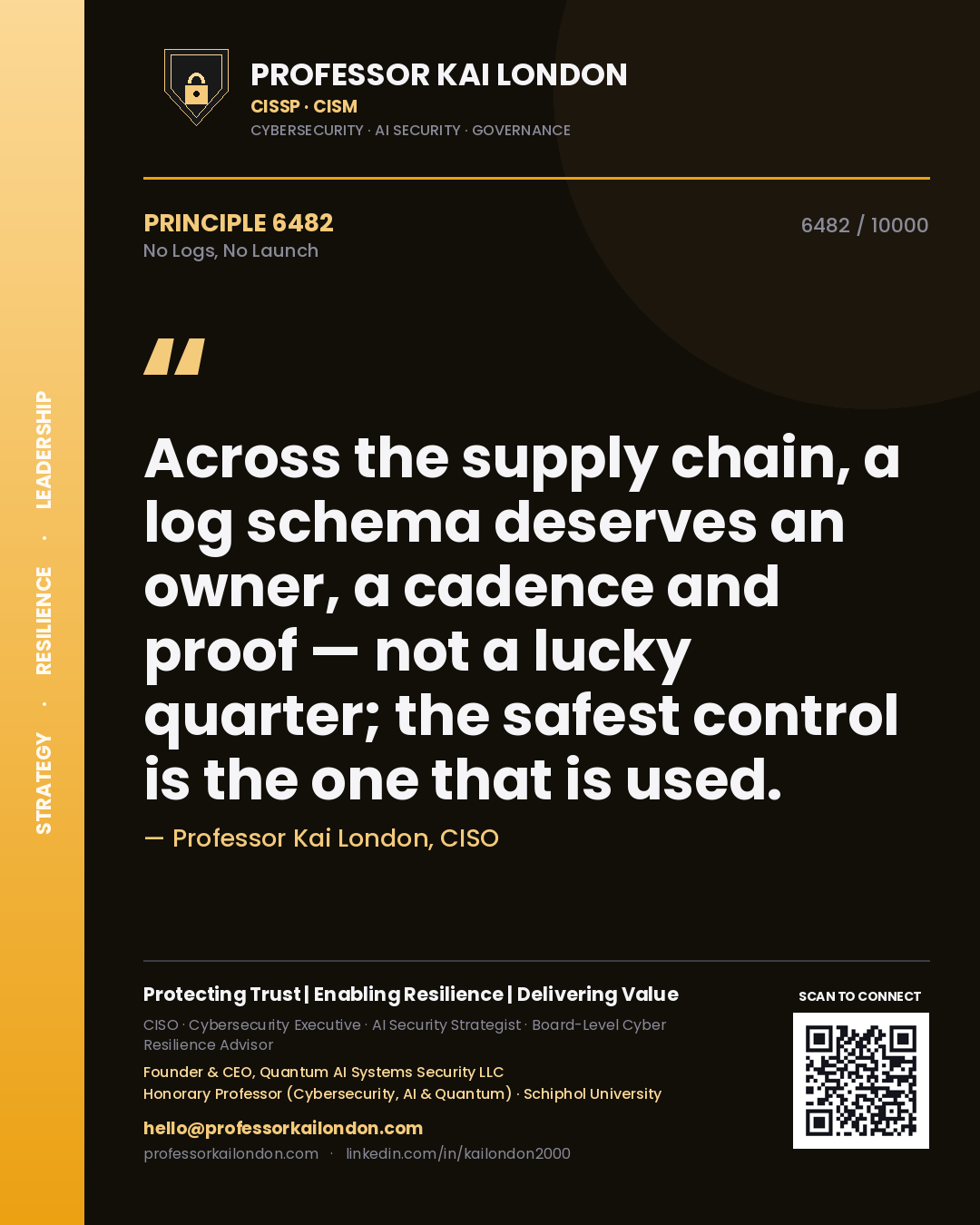 Professor Kai London principle 6482: Across the supply chain, a log schema deserves an owner, a cadence and proof — not a lucky quarter; the safest control is the one that is used.