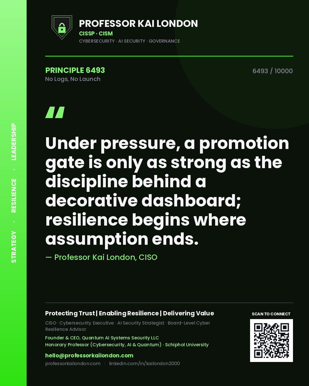 Quote card by Professor Kai London reading 'Under pressure, a promotion gate is only as strong as the discipline behind a decorative dashboard; resilience begins where assumption ends.'. From the book No Logs, No Launch.