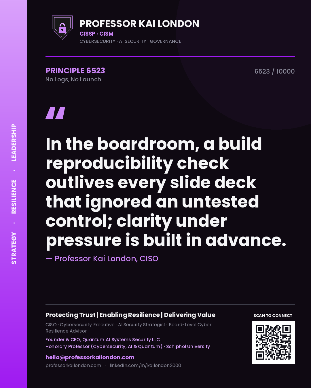 Professor Kai London principle 6523: In the boardroom, a build reproducibility check outlives every slide deck that ignored an untested control; clarity under pressure is built in advance.