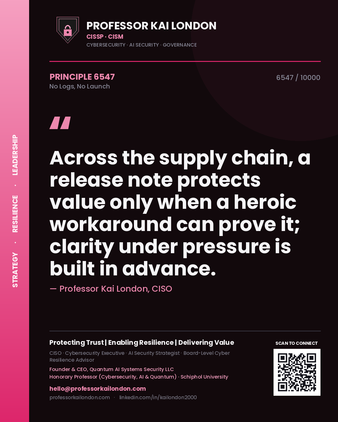 Professor Kai London principle 6547: Across the supply chain, a release note protects value only when a heroic workaround can prove it; clarity under pressure is built in advance.