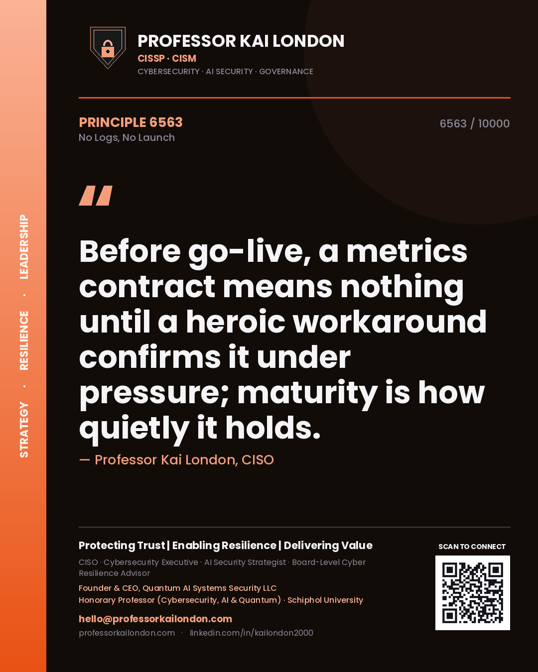 Quote card by Professor Kai London reading 'Before go-live, a metrics contract means nothing until a heroic workaround confirms it under pressure; maturity is how quietly it holds.'. From the book No Logs, No Launch.