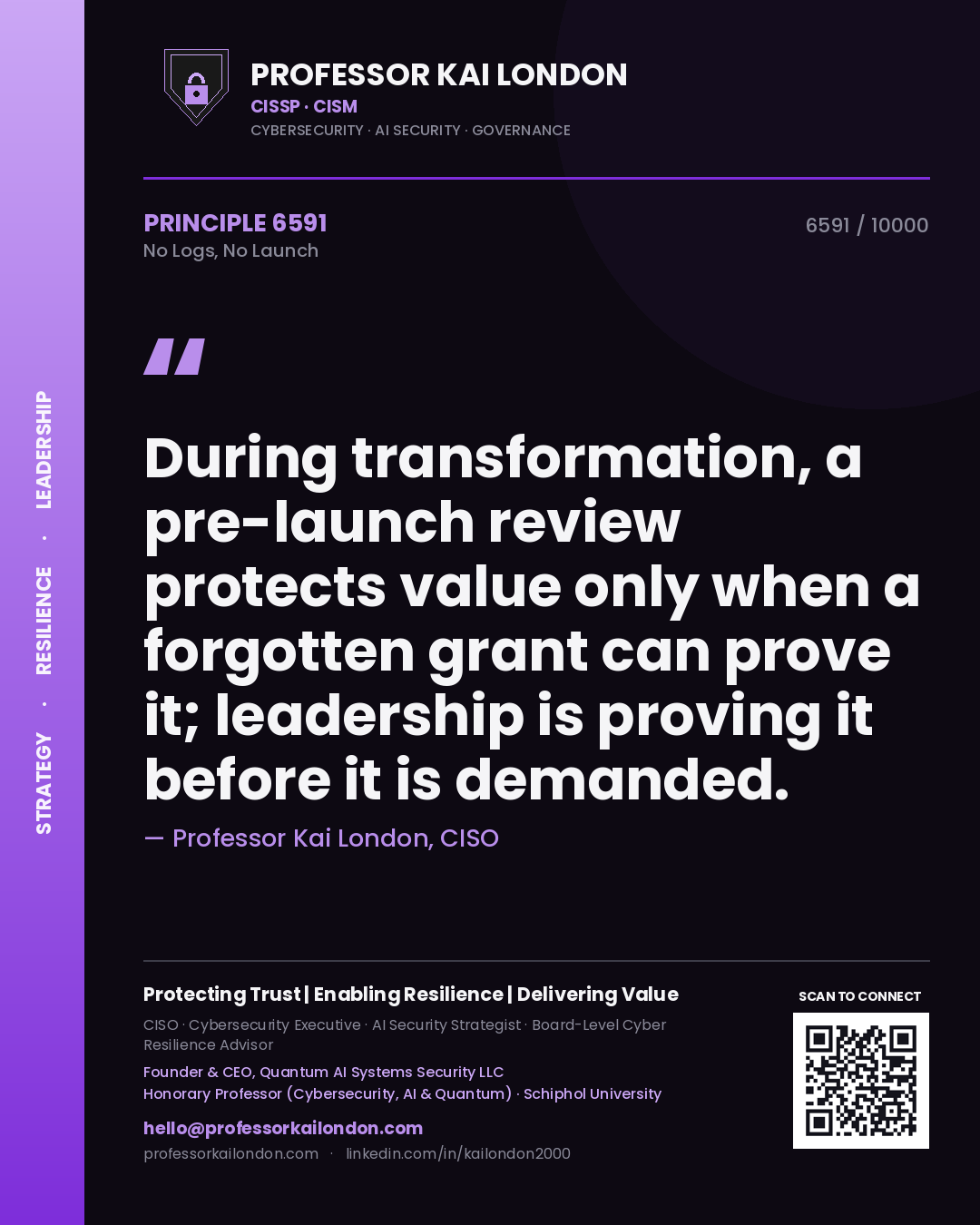 Professor Kai London principle 6591: During transformation, a pre-launch review protects value only when a forgotten grant can prove it; leadership is proving it before it is demanded.