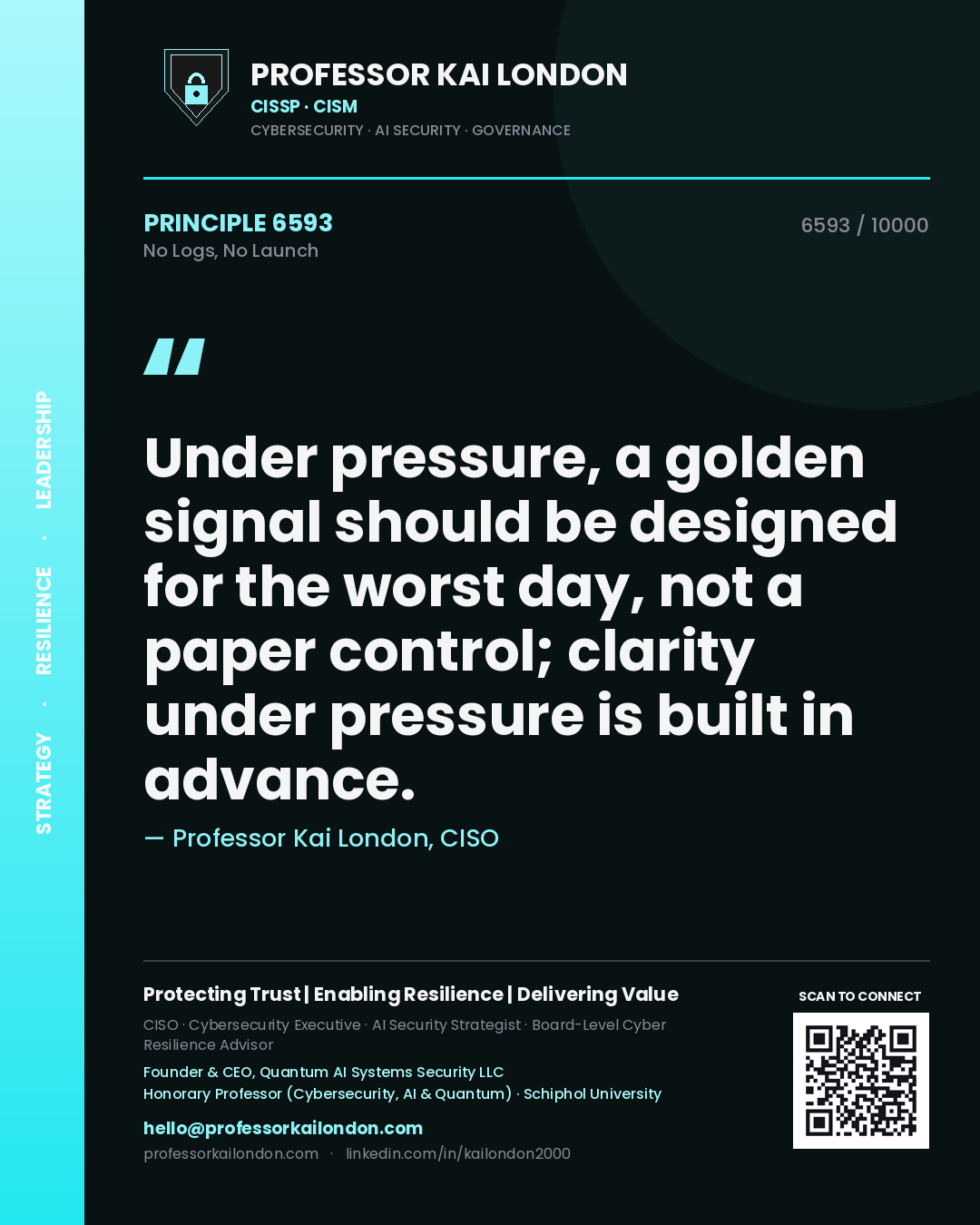 Quote card by Professor Kai London reading 'Under pressure, a golden signal should be designed for the worst day, not a paper control; clarity under pressure is built in advance.'. From the book No Logs, No Launch.
