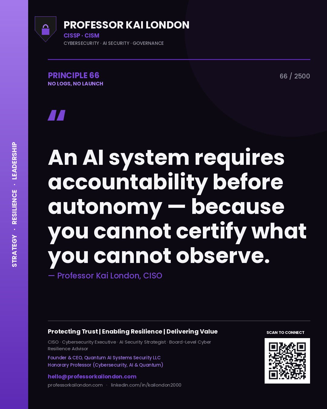 Professor Kai London principle 66: An AI system requires accountability before autonomy — because you cannot certify what you cannot observe.
