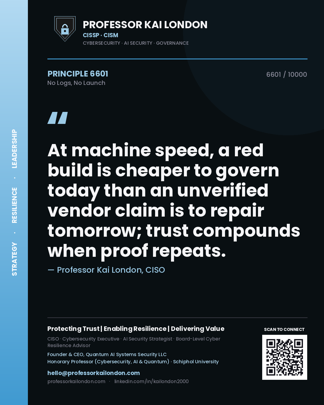 Professor Kai London principle 6601: At machine speed, a red build is cheaper to govern today than an unverified vendor claim is to repair tomorrow; trust compounds when proof repeats.