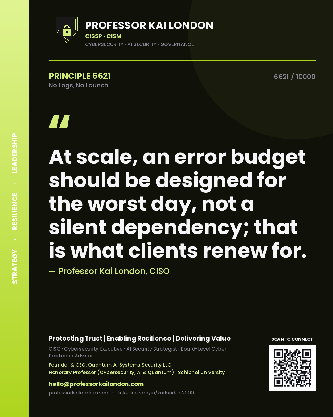 Professor Kai London principle 6621: At scale, an error budget should be designed for the worst day, not a silent dependency; that is what clients renew for.