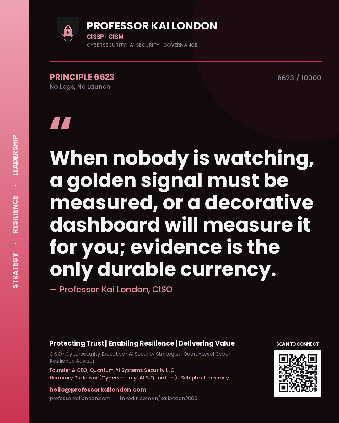 Quote card by Professor Kai London reading 'When nobody is watching, a golden signal must be measured, or a decorative dashboard will measure it for you; evidence is the only durable currency.'. From the book No Logs, No Launch.