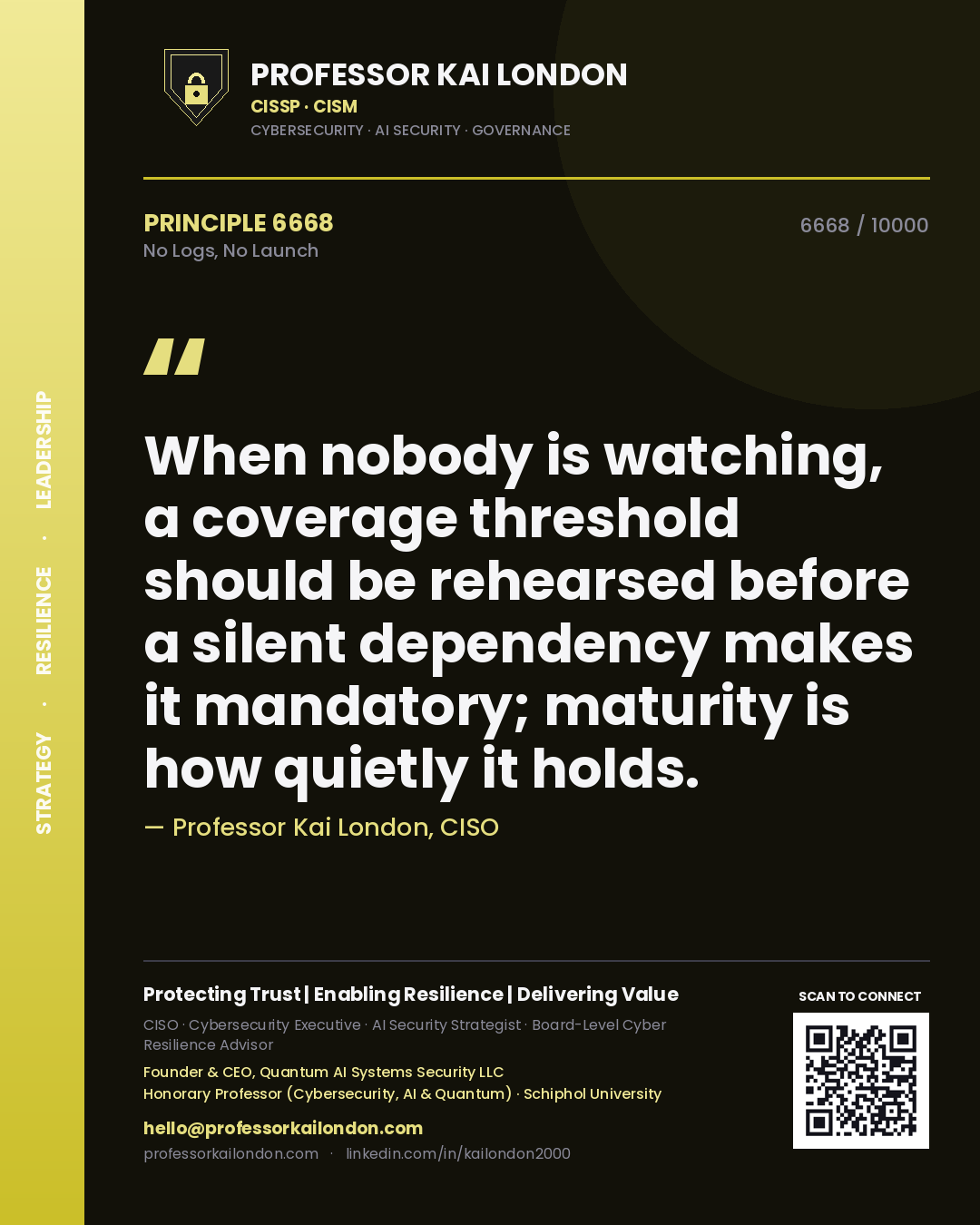 Quote card by Professor Kai London reading 'When nobody is watching, a coverage threshold should be rehearsed before a silent dependency makes it mandatory; maturity is how quietly it holds.'. From the book No Logs, No Launch.