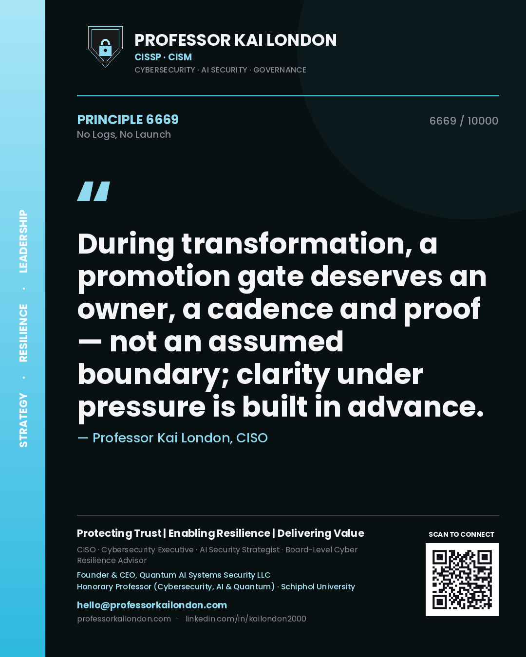 Professor Kai London principle 6669: During transformation, a promotion gate deserves an owner, a cadence and proof — not an assumed boundary; clarity under pressure is built in advance.
