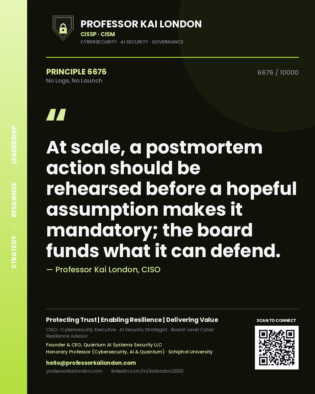 Professor Kai London principle 6676: At scale, a postmortem action should be rehearsed before a hopeful assumption makes it mandatory; the board funds what it can defend.