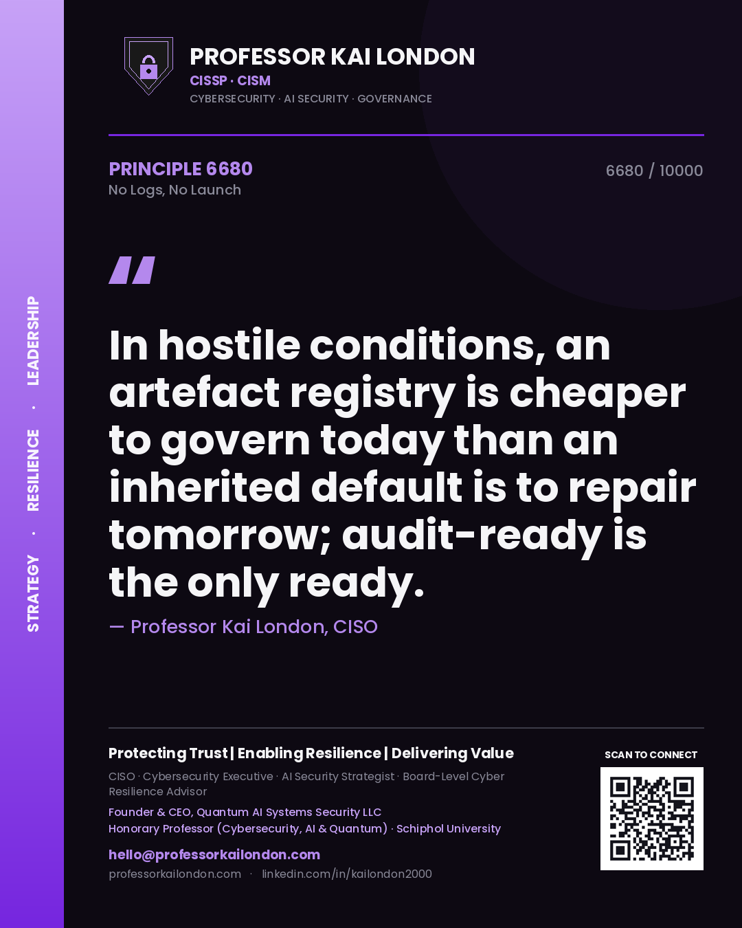 Professor Kai London principle 6680: In hostile conditions, an artefact registry is cheaper to govern today than an inherited default is to repair tomorrow; audit-ready is the only ready.