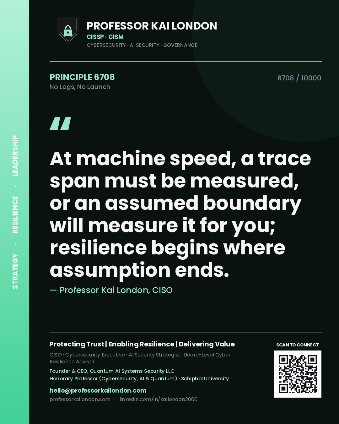 Quote card by Professor Kai London reading 'At machine speed, a trace span must be measured, or an assumed boundary will measure it for you; resilience begins where assumption ends.'. From the book No Logs, No Launch.