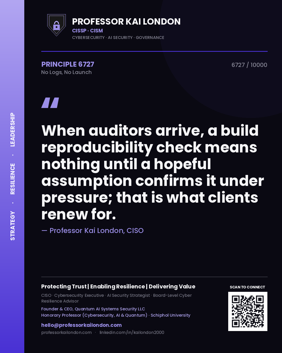 Quote card by Professor Kai London reading 'When auditors arrive, a build reproducibility check means nothing until a hopeful assumption confirms it under pressure; that is what clients renew for.'. From the book No Logs, No Launch.
