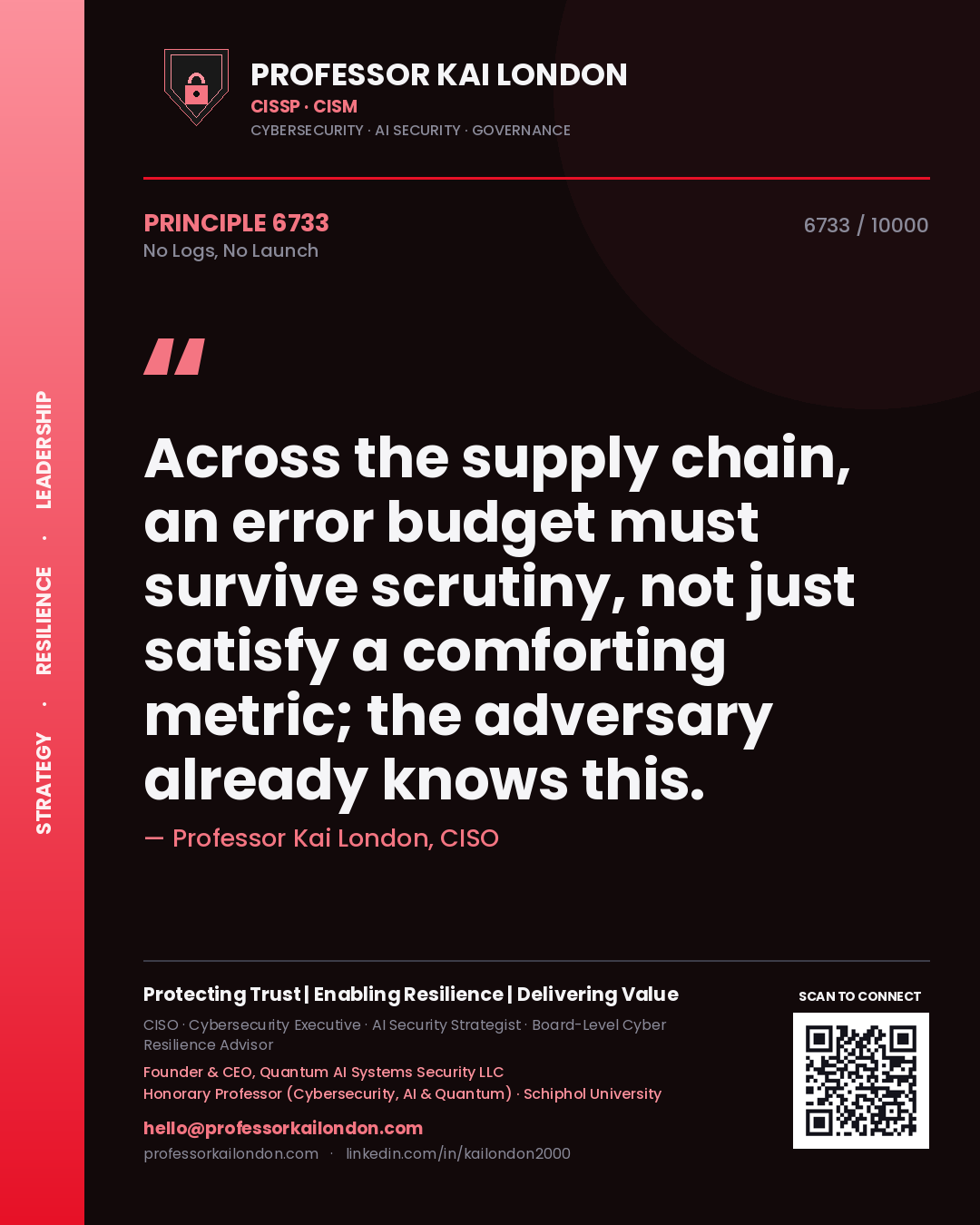 Professor Kai London principle 6733: Across the supply chain, an error budget must survive scrutiny, not just satisfy a comforting metric; the adversary already knows this.