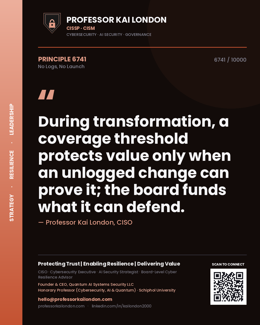 Professor Kai London principle 6741: During transformation, a coverage threshold protects value only when an unlogged change can prove it; the board funds what it can defend.