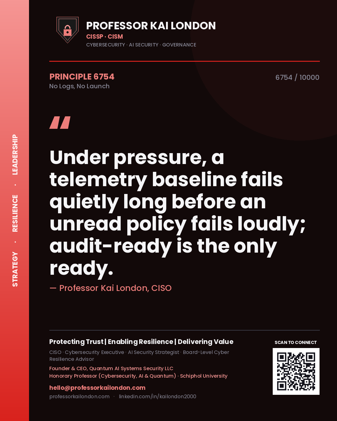 Professor Kai London principle 6754: Under pressure, a telemetry baseline fails quietly long before an unread policy fails loudly; audit-ready is the only ready.