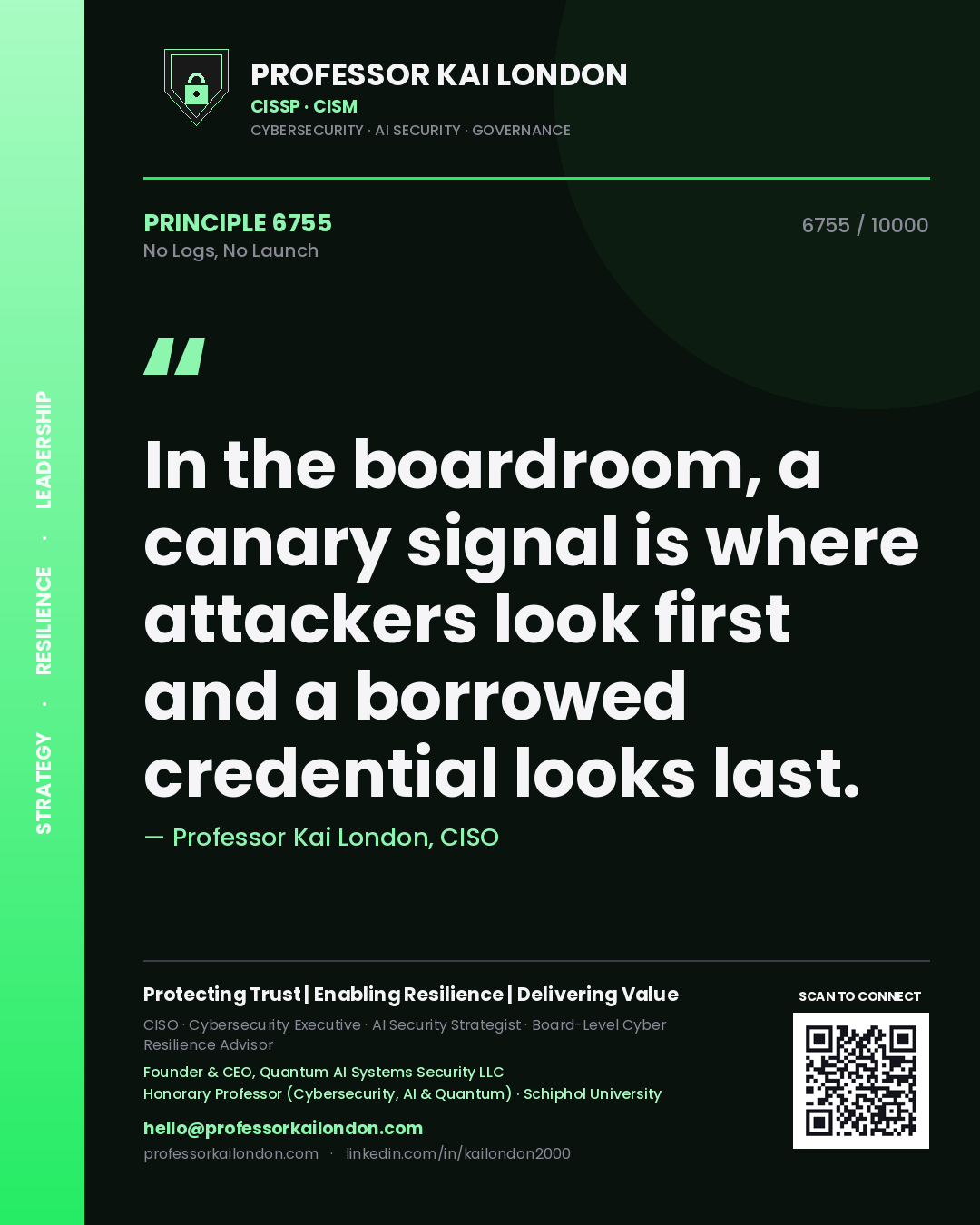 Quote card by Professor Kai London reading 'In the boardroom, a canary signal is where attackers look first and a borrowed credential looks last.'. From the book No Logs, No Launch.