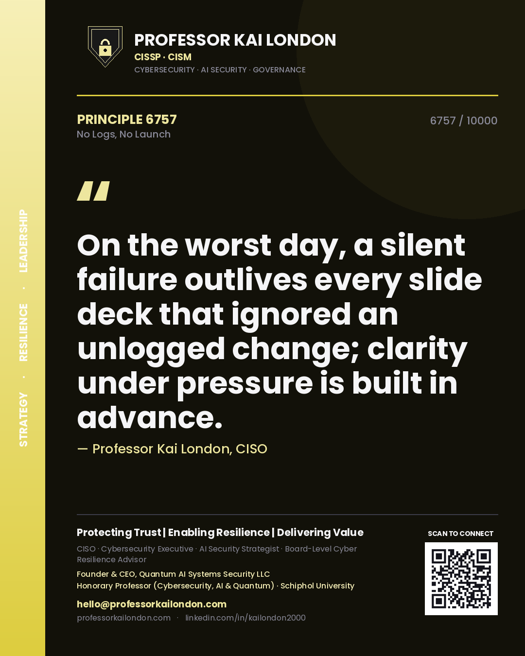 Professor Kai London principle 6757: On the worst day, a silent failure outlives every slide deck that ignored an unlogged change; clarity under pressure is built in advance.