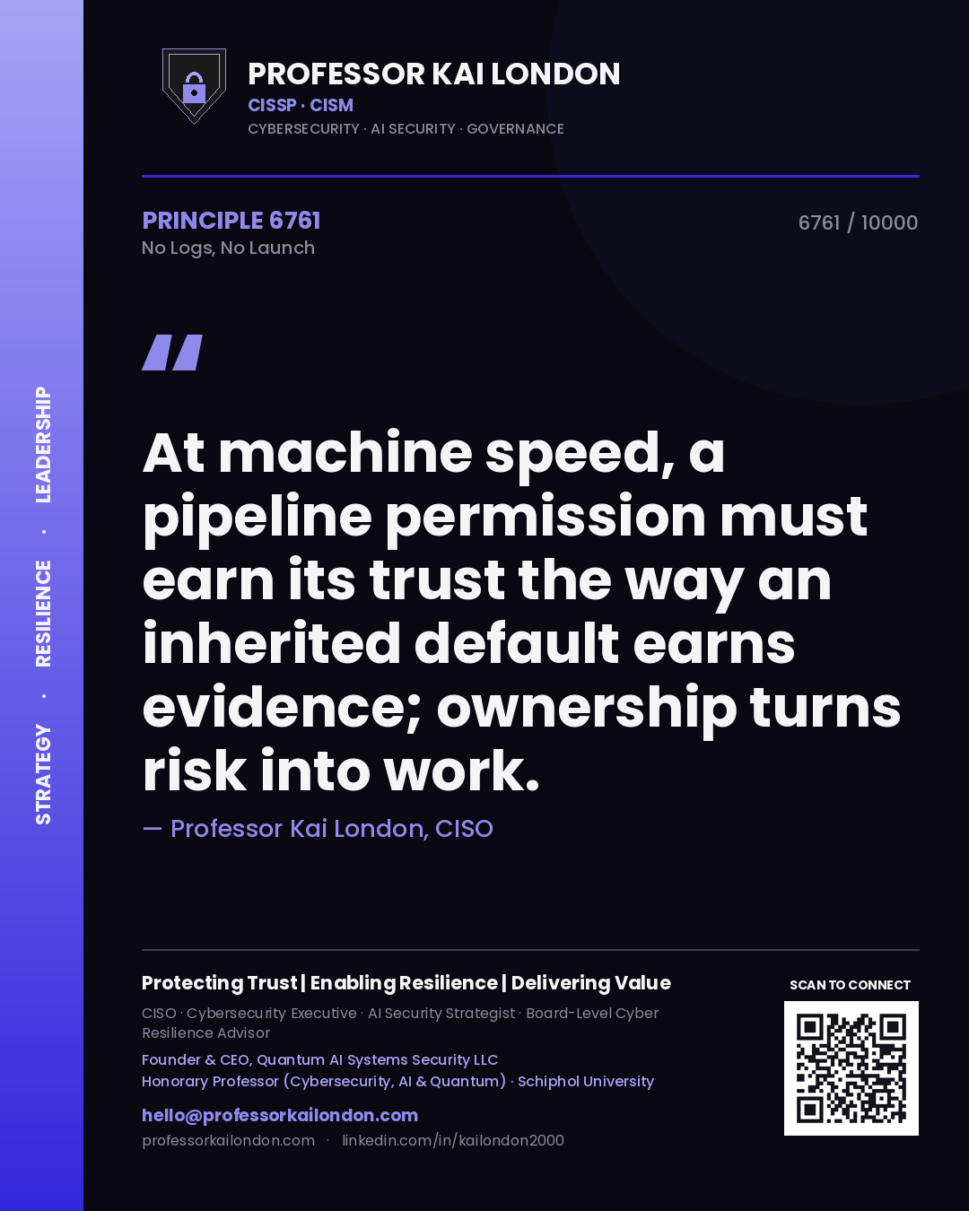 Quote card by Professor Kai London reading 'At machine speed, a pipeline permission must earn its trust the way an inherited default earns evidence; ownership turns risk into work.'. From the book No Logs, No Launch.