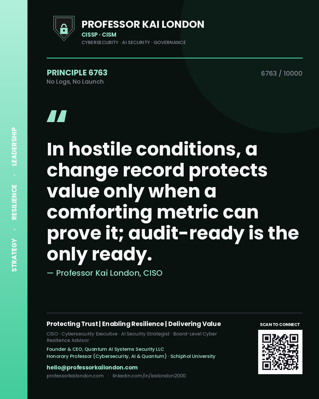 Professor Kai London principle 6763: In hostile conditions, a change record protects value only when a comforting metric can prove it; audit-ready is the only ready.