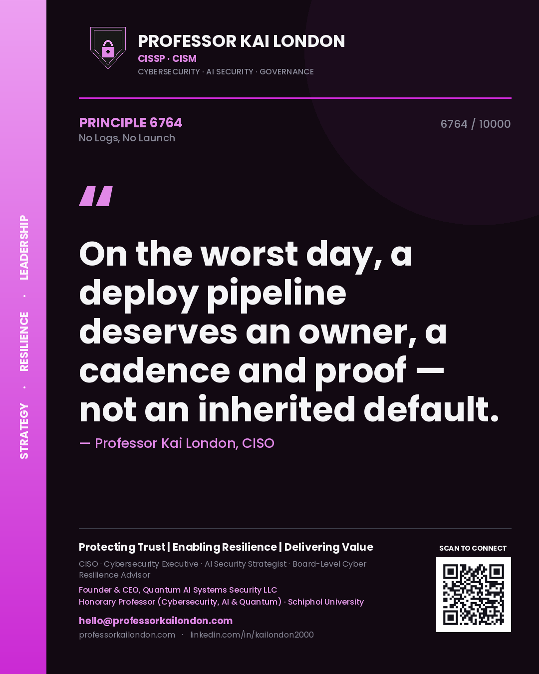 Professor Kai London principle 6764: On the worst day, a deploy pipeline deserves an owner, a cadence and proof — not an inherited default.
