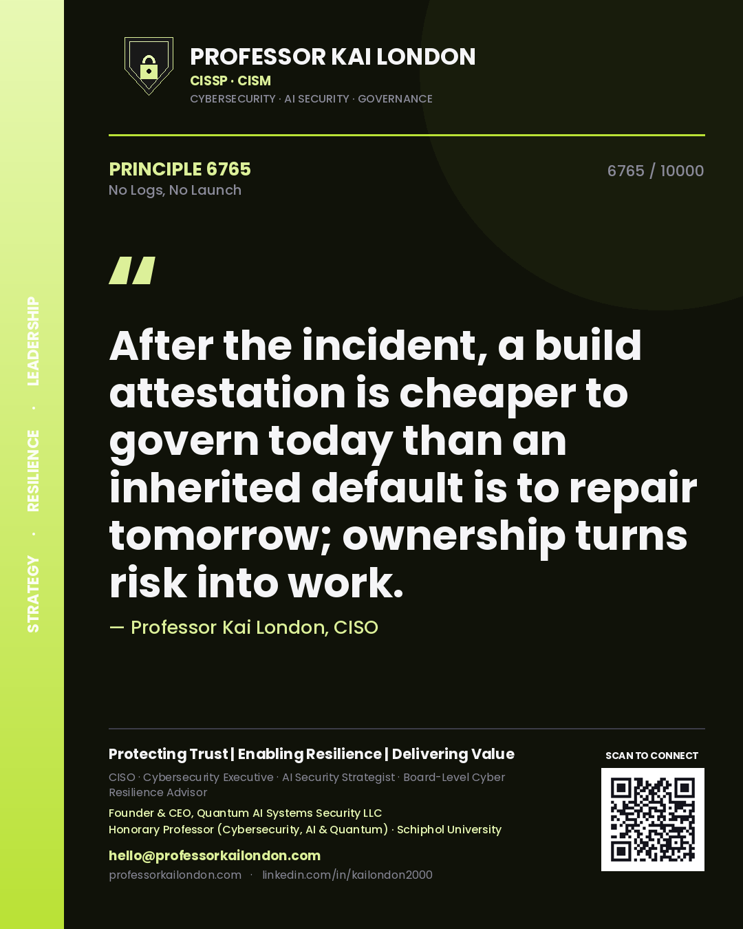 Professor Kai London principle 6765: After the incident, a build attestation is cheaper to govern today than an inherited default is to repair tomorrow; ownership turns risk into work.
