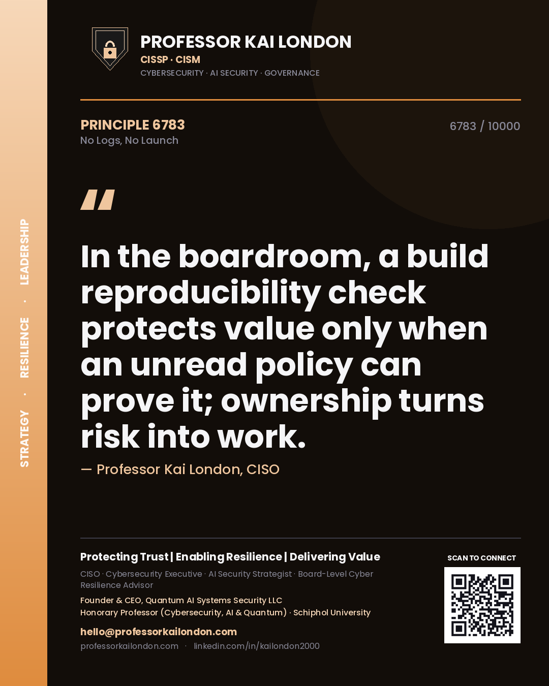 Professor Kai London principle 6783: In the boardroom, a build reproducibility check protects value only when an unread policy can prove it; ownership turns risk into work.