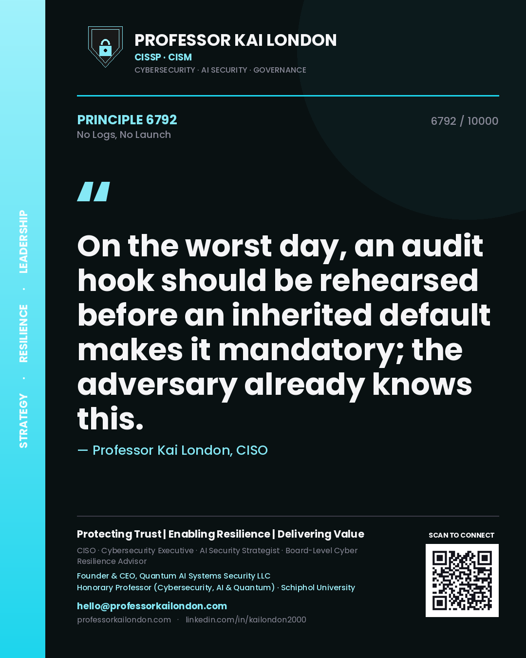 Quote card by Professor Kai London reading 'On the worst day, an audit hook should be rehearsed before an inherited default makes it mandatory; the adversary already knows this.'. From the book No Logs, No Launch.