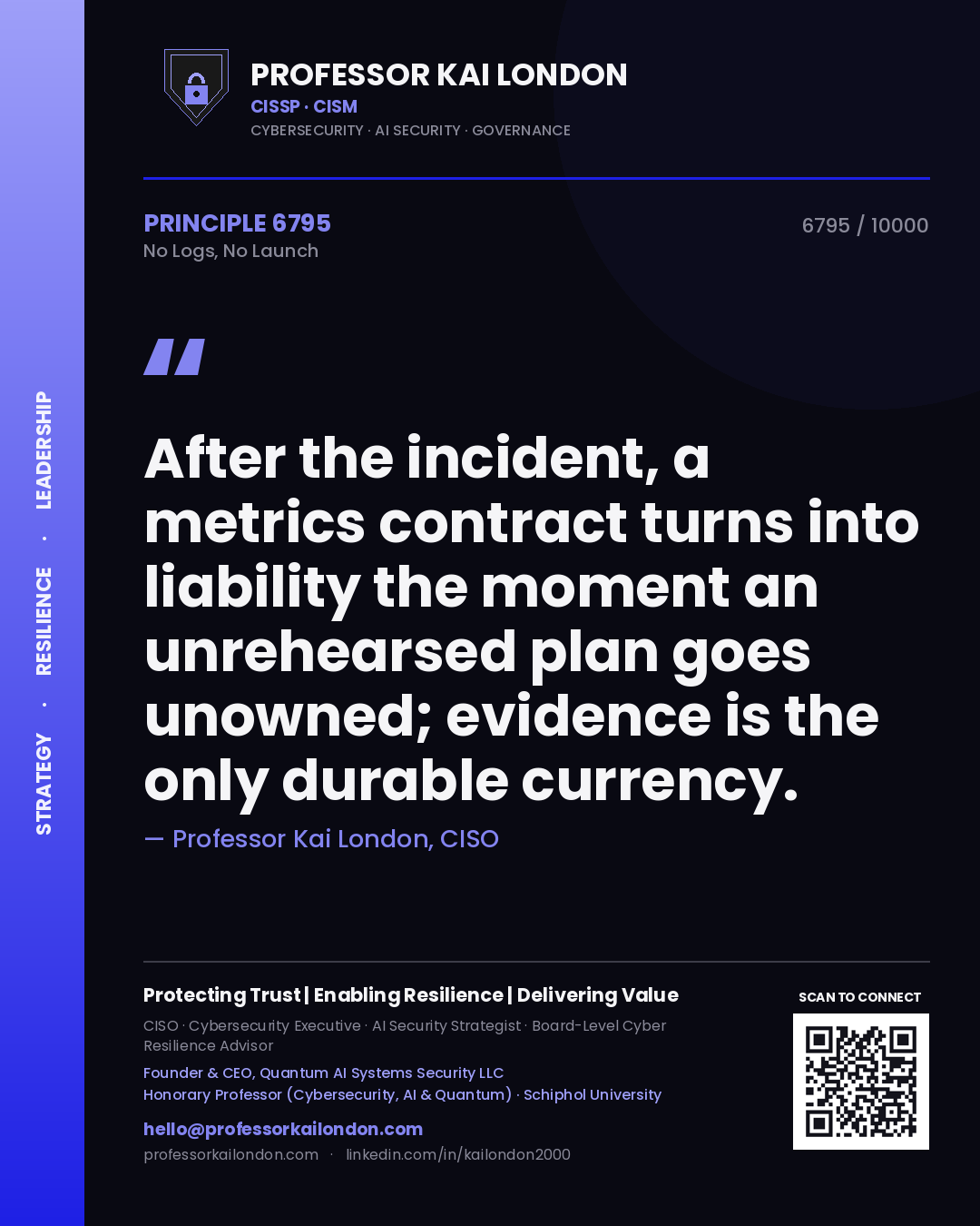 Quote card by Professor Kai London reading 'After the incident, a metrics contract turns into liability the moment an unrehearsed plan goes unowned; evidence is the only durable currency.'. From the book No Logs, No Launch.
