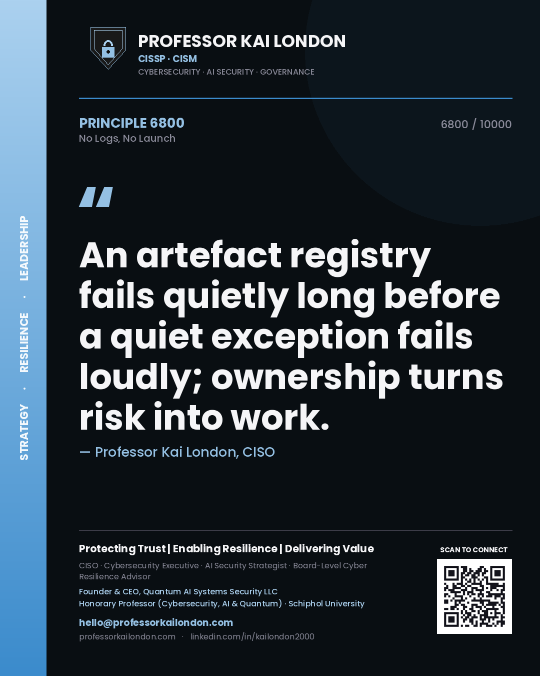 Professor Kai London principle 6800: An artefact registry fails quietly long before a quiet exception fails loudly; ownership turns risk into work.