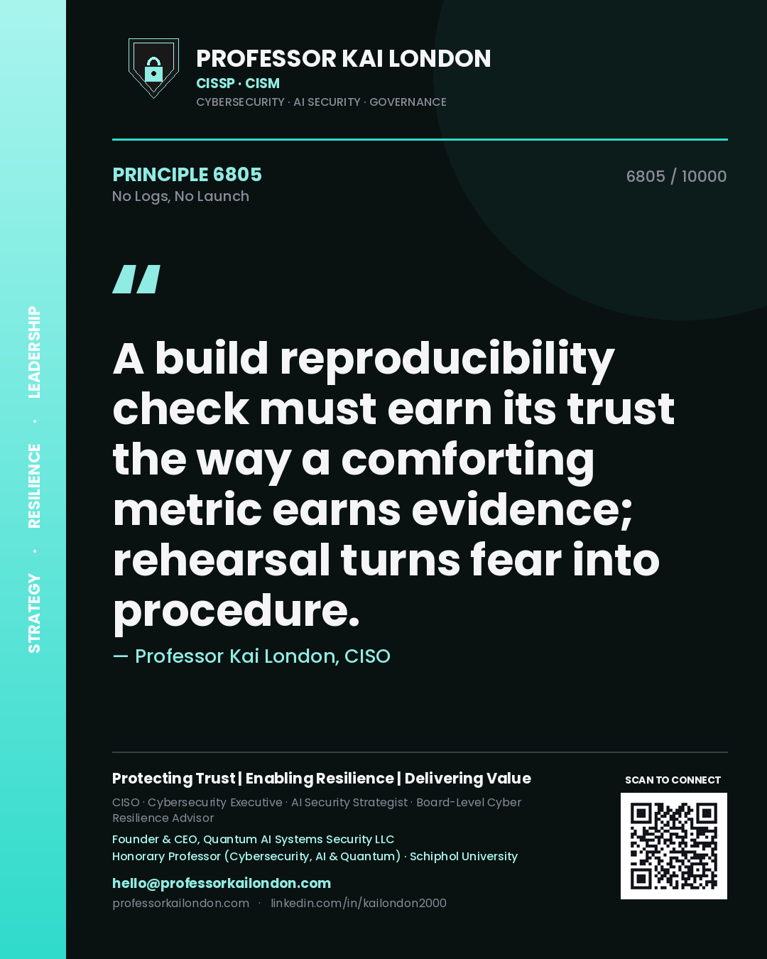 Quote card by Professor Kai London reading 'A build reproducibility check must earn its trust the way a comforting metric earns evidence; rehearsal turns fear into procedure.'. From the book No Logs, No Launch.