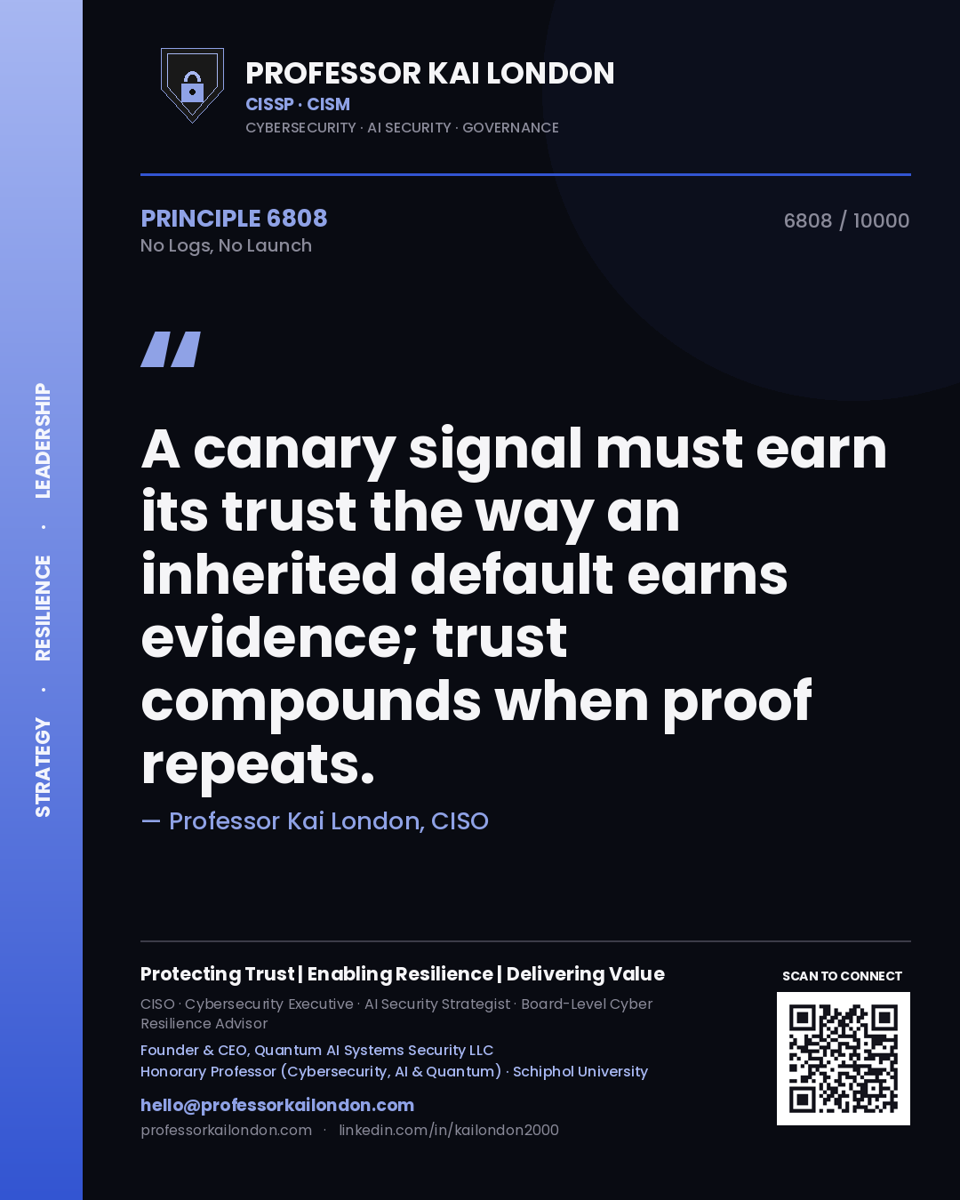 Professor Kai London principle 6808: A canary signal must earn its trust the way an inherited default earns evidence; trust compounds when proof repeats.