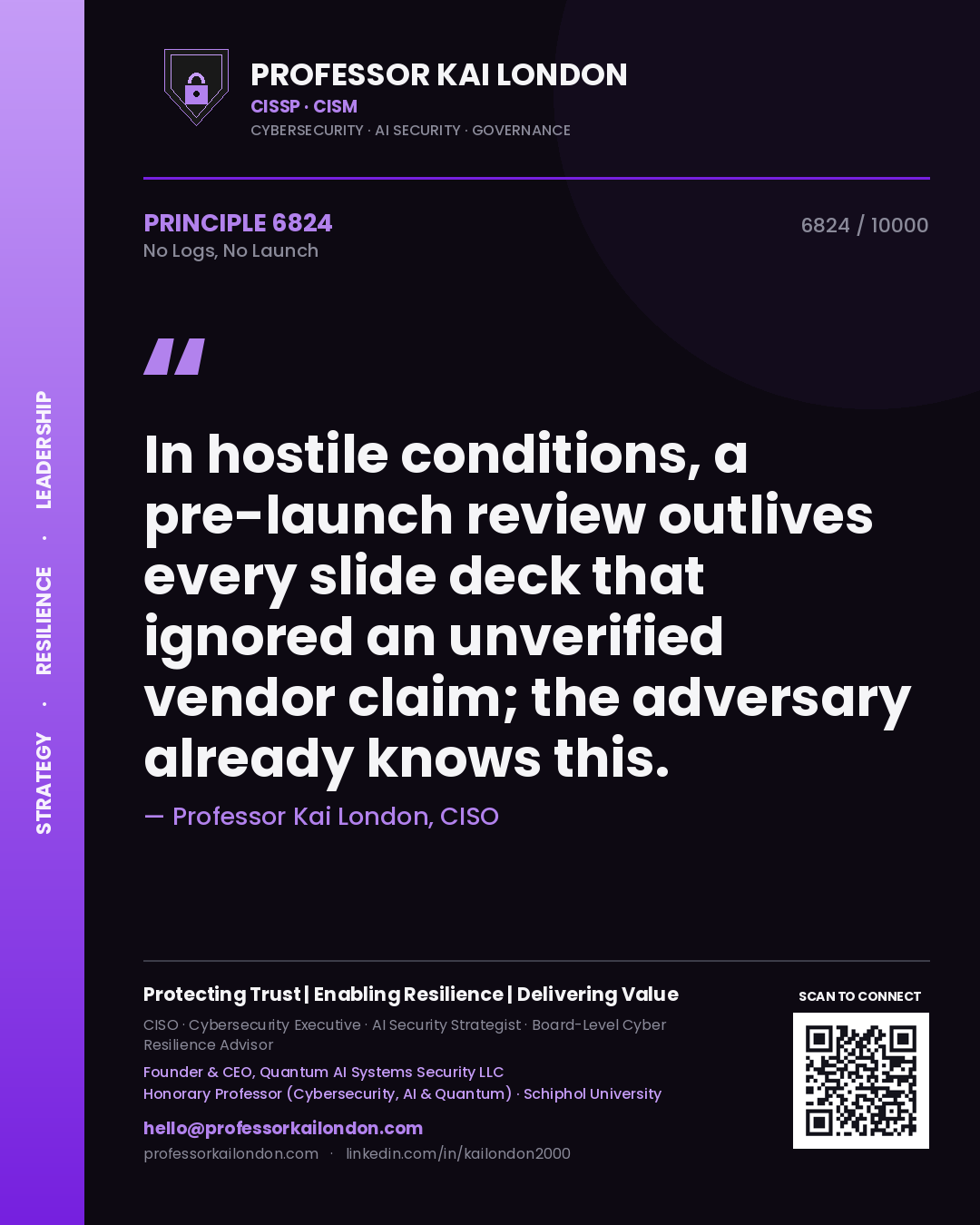 Quote card by Professor Kai London reading 'In hostile conditions, a pre-launch review outlives every slide deck that ignored an unverified vendor claim; the adversary already knows this.'. From the book No Logs, No Launch.