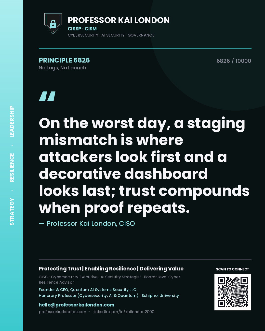 Professor Kai London principle 6826: On the worst day, a staging mismatch is where attackers look first and a decorative dashboard looks last; trust compounds when proof repeats.