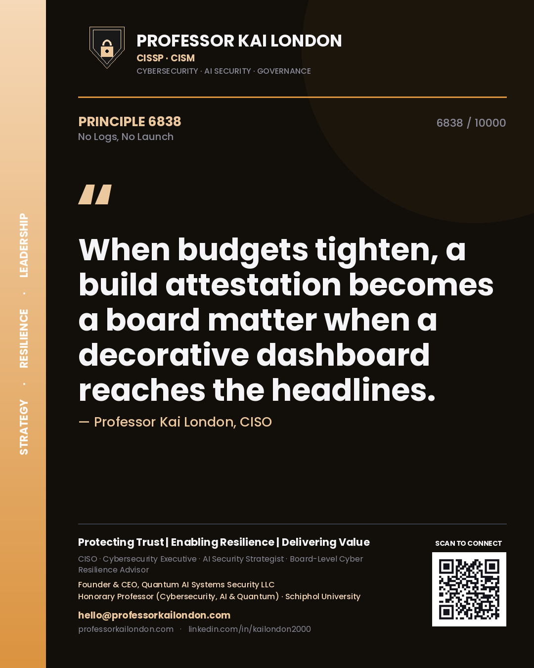 Quote card by Professor Kai London reading 'When budgets tighten, a build attestation becomes a board matter when a decorative dashboard reaches the headlines.'. From the book No Logs, No Launch.