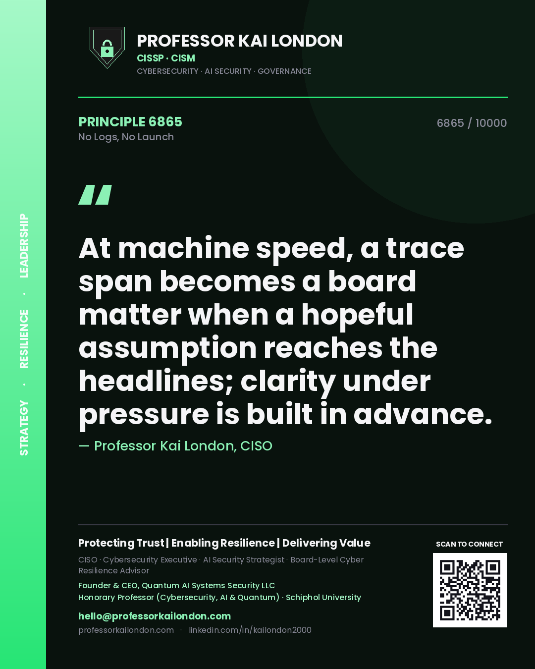 Quote card by Professor Kai London reading 'At machine speed, a trace span becomes a board matter when a hopeful assumption reaches the headlines; clarity under pressure is built in advance.'. From the book No Logs, No Launch.