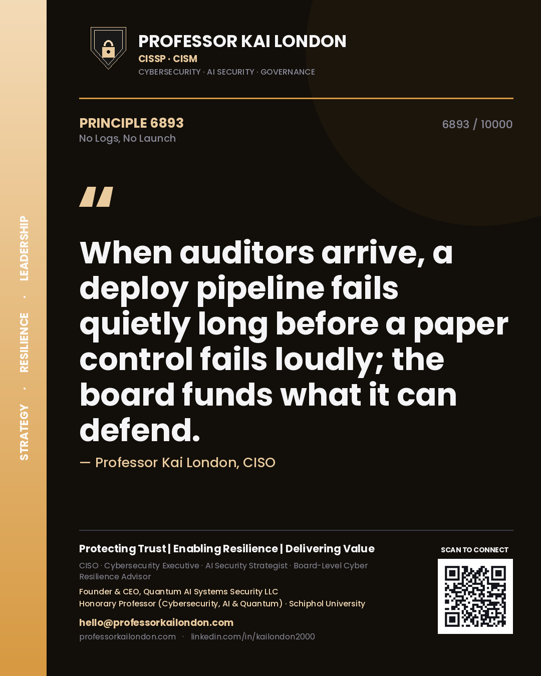 Professor Kai London principle 6893: When auditors arrive, a deploy pipeline fails quietly long before a paper control fails loudly; the board funds what it can defend.