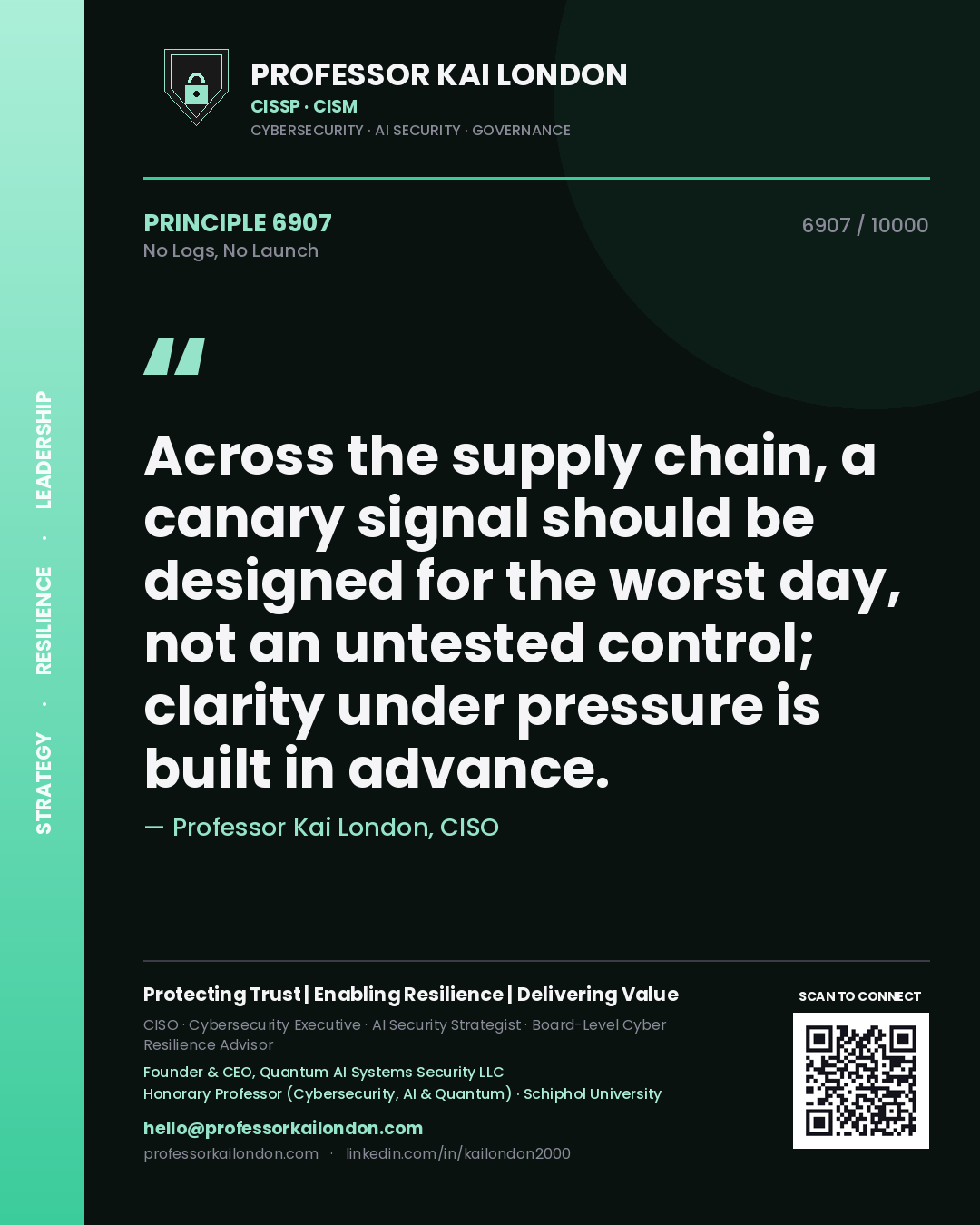 Professor Kai London principle 6907: Across the supply chain, a canary signal should be designed for the worst day, not an untested control; clarity under pressure is built in advance.
