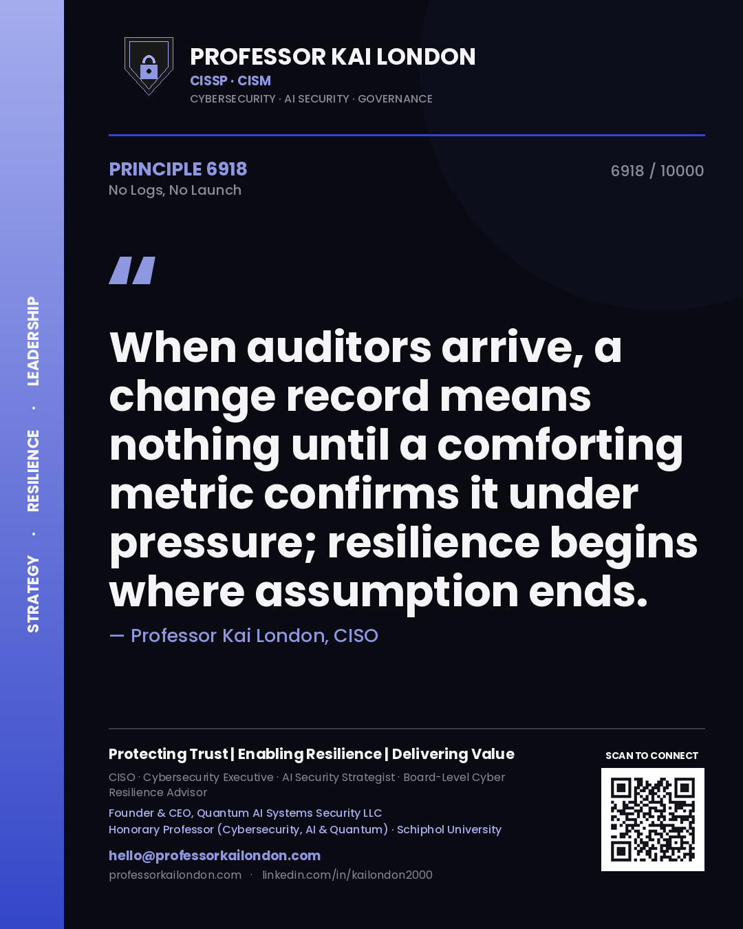 Professor Kai London principle 6918: When auditors arrive, a change record means nothing until a comforting metric confirms it under pressure; resilience begins where assumption ends.
