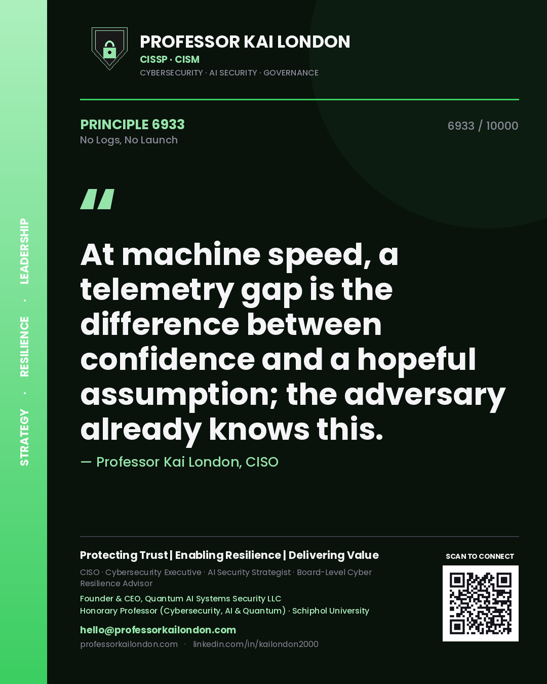 Professor Kai London principle 6933: At machine speed, a telemetry gap is the difference between confidence and a hopeful assumption; the adversary already knows this.