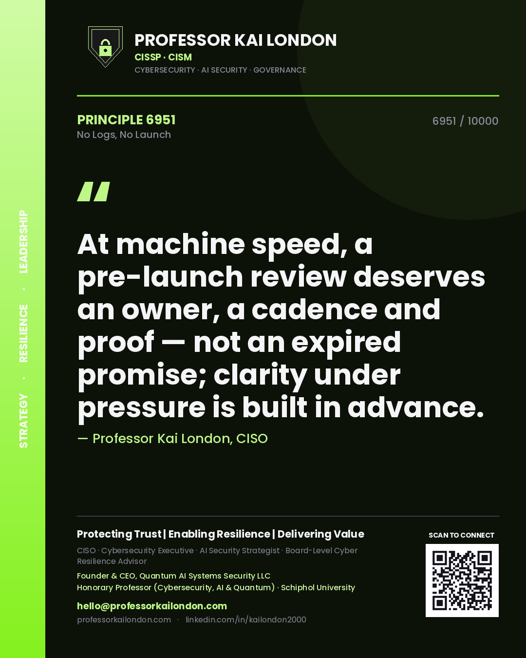 Professor Kai London principle 6951: At machine speed, a pre-launch review deserves an owner, a cadence and proof — not an expired promise; clarity under pressure is built in advance.