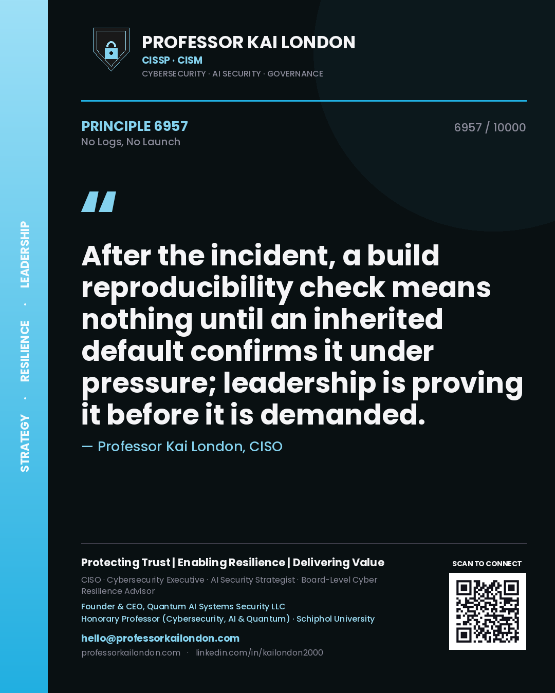 Quote card by Professor Kai London reading 'After the incident, a build reproducibility check means nothing until an inherited default confirms it under pressure; leadership is proving it before it is demanded.'. From the book No Logs, No Launch.