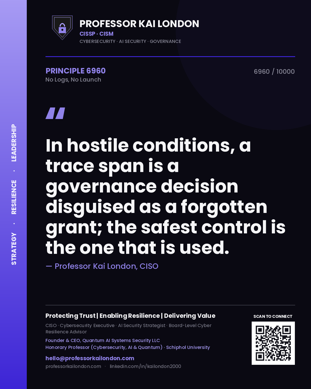 Quote card by Professor Kai London reading 'In hostile conditions, a trace span is a governance decision disguised as a forgotten grant; the safest control is the one that is used.'. From the book No Logs, No Launch.