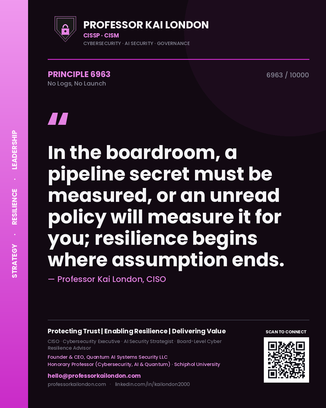Professor Kai London principle 6963: In the boardroom, a pipeline secret must be measured, or an unread policy will measure it for you; resilience begins where assumption ends.