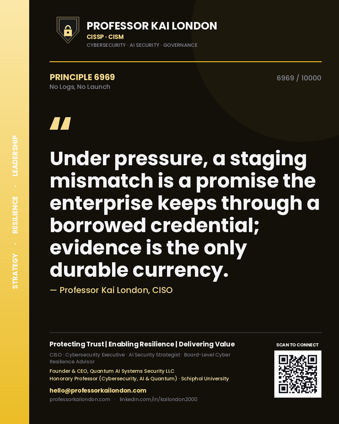 Quote card by Professor Kai London reading 'Under pressure, a staging mismatch is a promise the enterprise keeps through a borrowed credential; evidence is the only durable currency.'. From the book No Logs, No Launch.