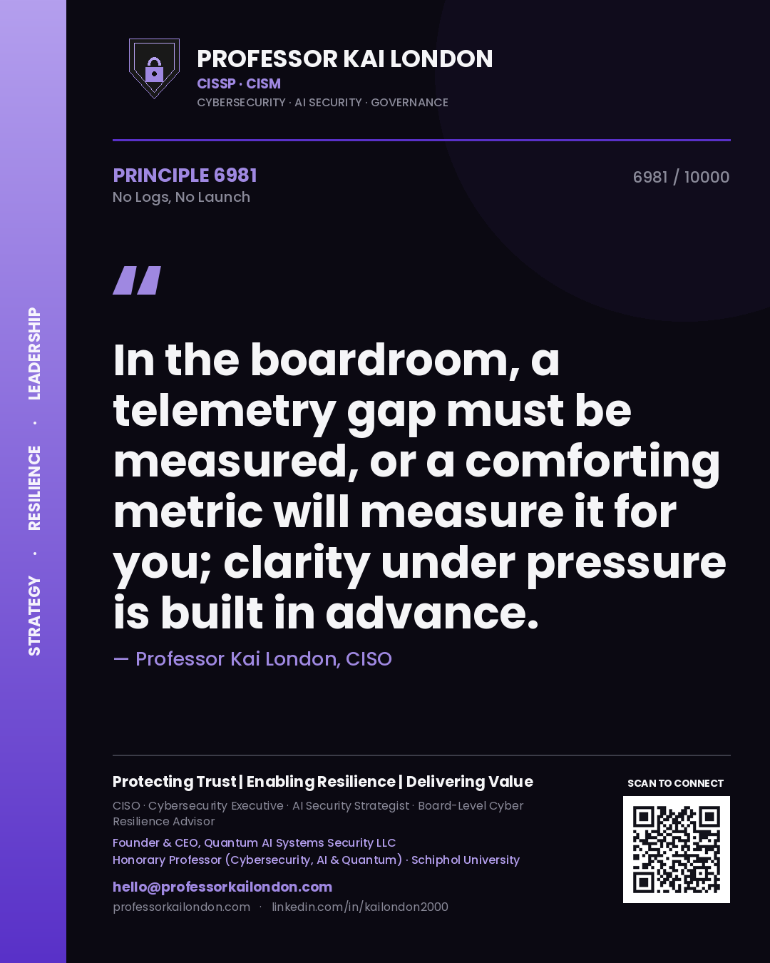 Quote card by Professor Kai London reading 'In the boardroom, a telemetry gap must be measured, or a comforting metric will measure it for you; clarity under pressure is built in advance.'. From the book No Logs, No Launch.