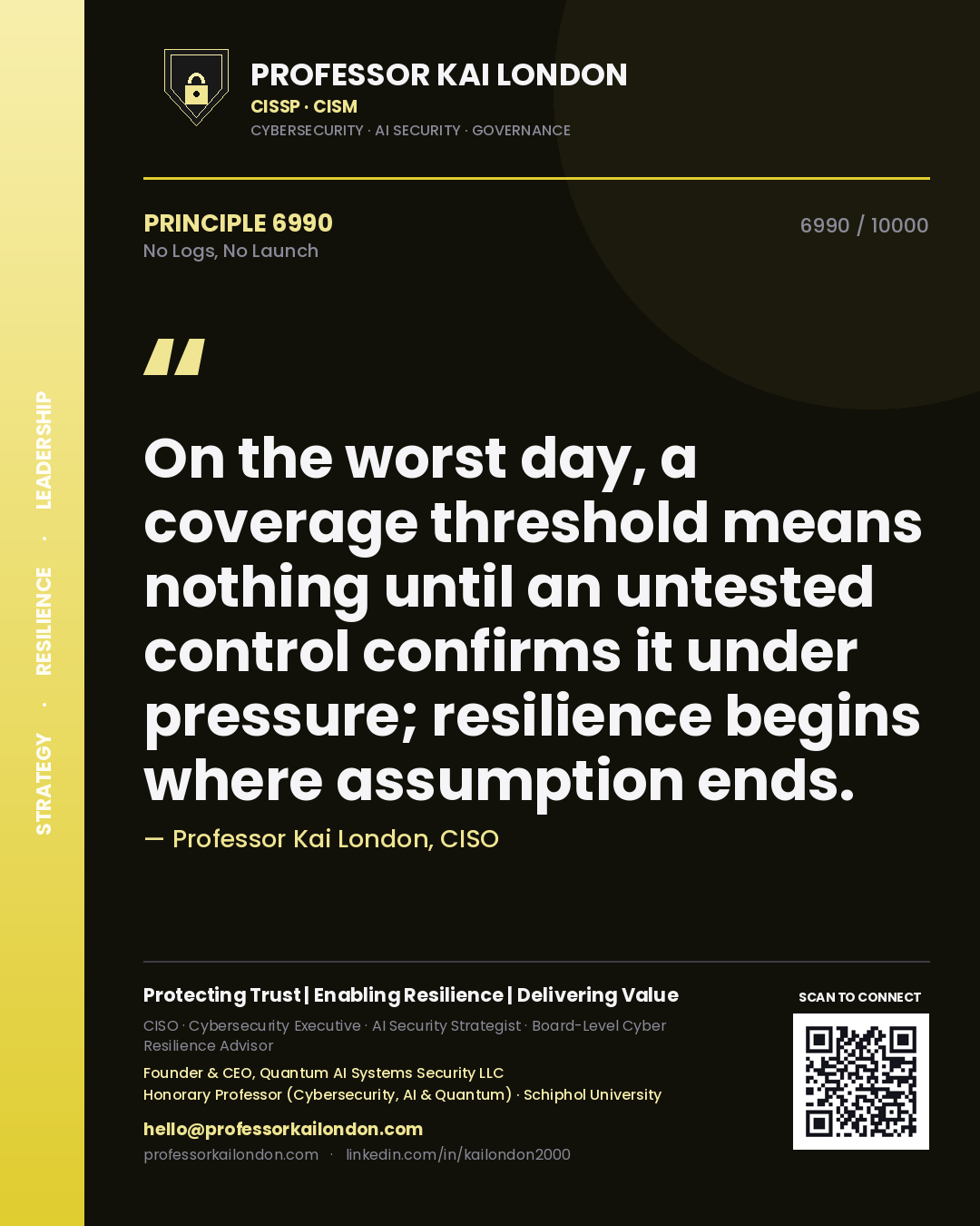 Professor Kai London principle 6990: On the worst day, a coverage threshold means nothing until an untested control confirms it under pressure; resilience begins where assumption ends.