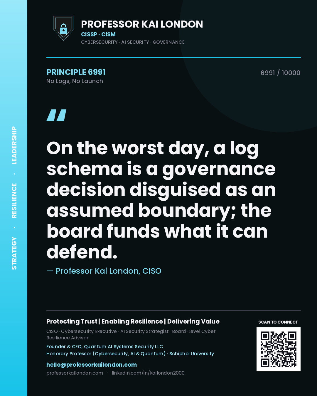 Professor Kai London principle 6991: On the worst day, a log schema is a governance decision disguised as an assumed boundary; the board funds what it can defend.