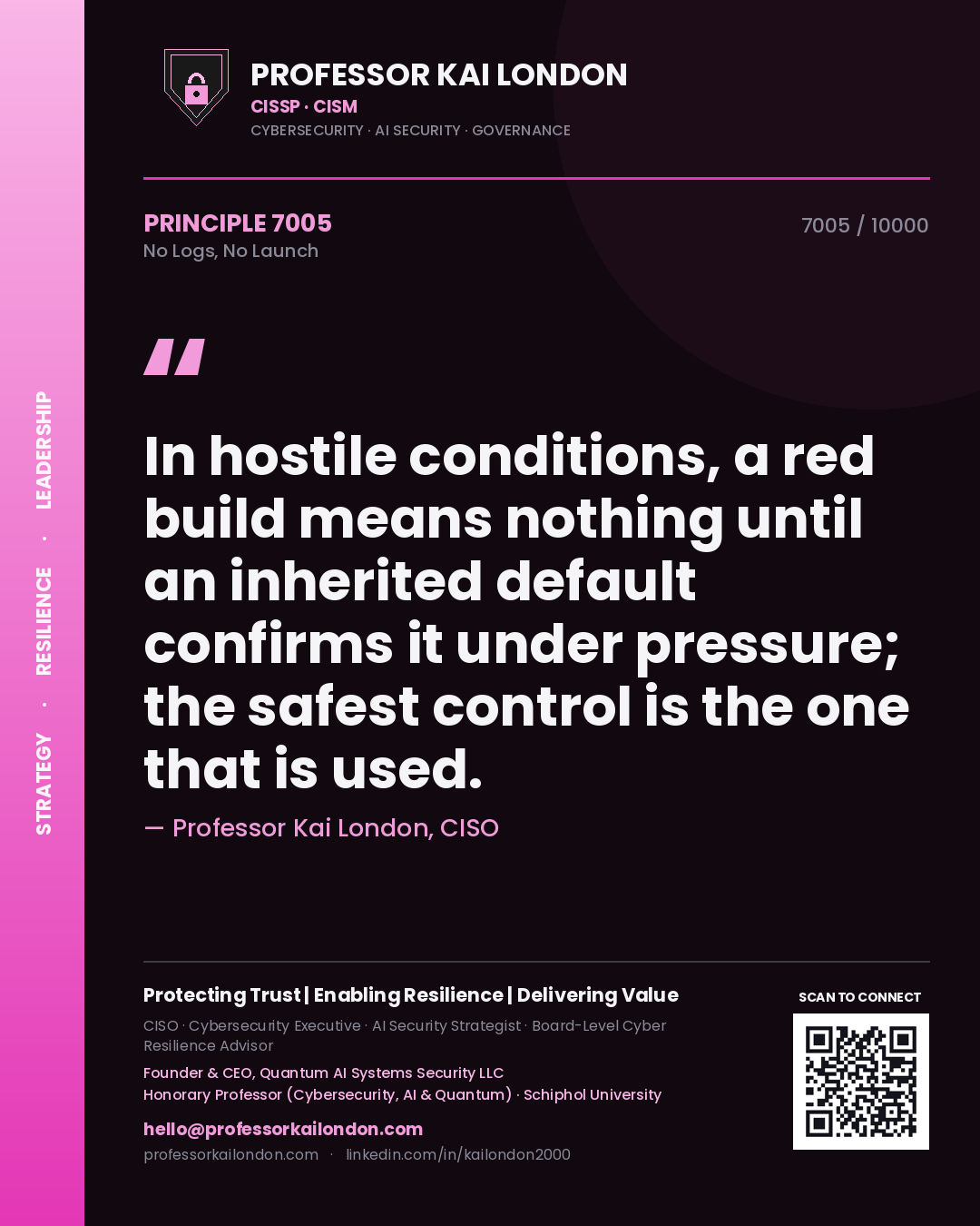 Professor Kai London principle 7005: In hostile conditions, a red build means nothing until an inherited default confirms it under pressure; the safest control is the one that is used.