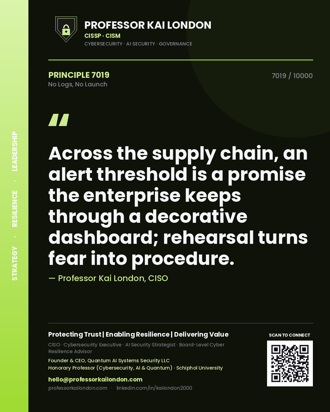 Professor Kai London principle 7019: Across the supply chain, an alert threshold is a promise the enterprise keeps through a decorative dashboard; rehearsal turns fear into procedure.